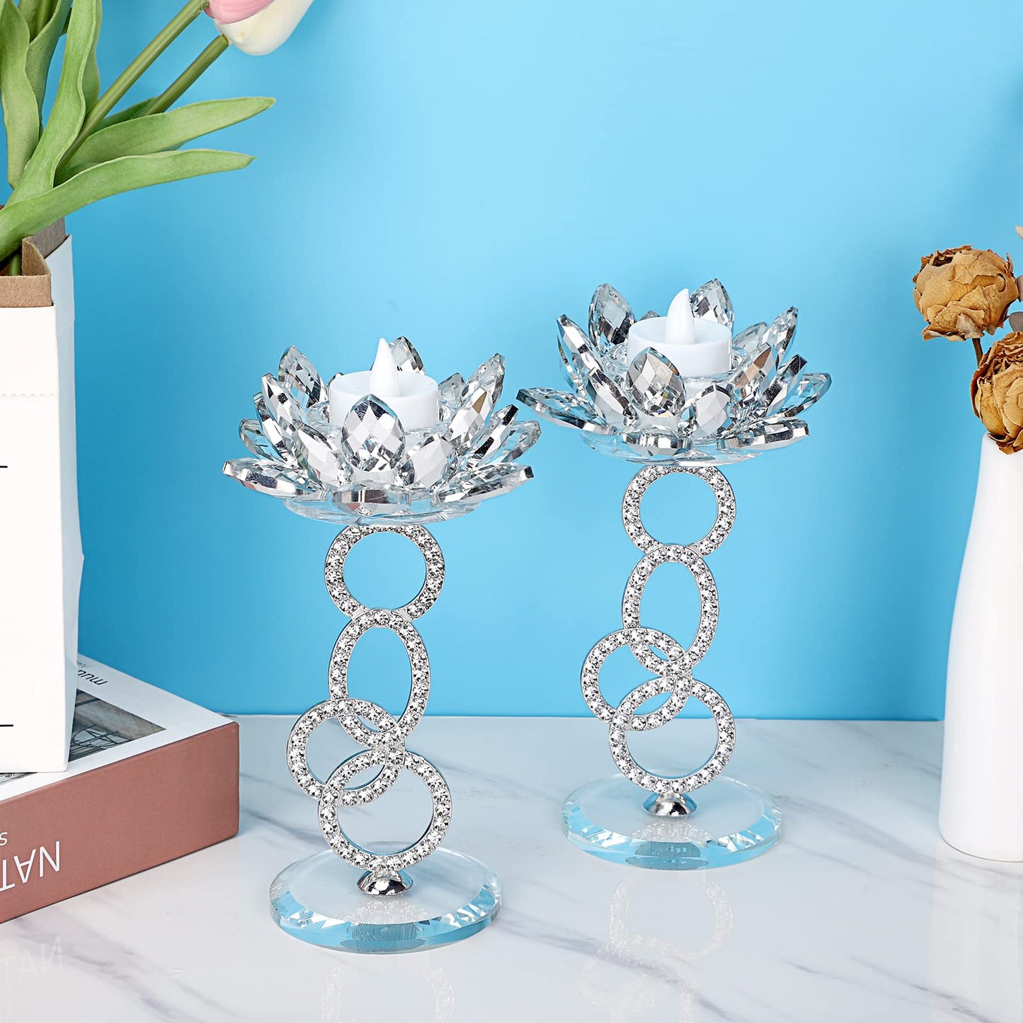 OwnMy Set of 2 Crystal Lotus Flower Candle Holders Metal Glass Lotus Pillar Candlestick Holders, Silver Crystal Lotus Tealight Candlesticks Votive Candle Stands for Wedding Table Centerpiece, 7.5" H
