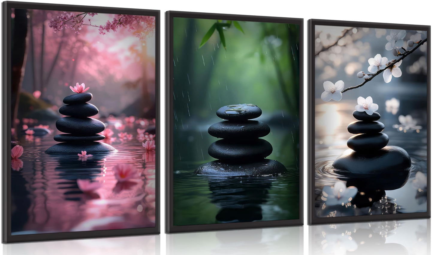 INADIKEIN 3pcs Zen Stone Wall Art Modern Zen Bathroom Wall Decor Meditation Spa Stone Poster Green Bamboo Lotus Printed Artwork for Yoga Meditation Spiritual Room Bathroom Unframed