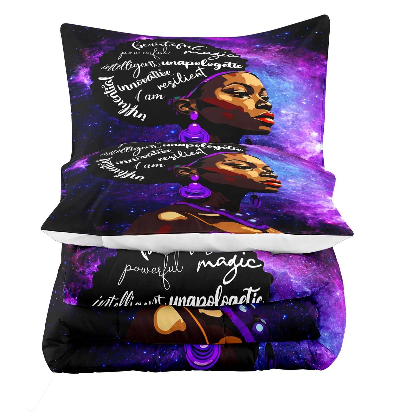 LUVIVIHOME 3PCS Black Girl Comforter Set King Size, Purple Galaxy Starry Sky Positive Quotes Black Girl Magic Bedding Sets, African American Bedroom Decor, Inspirational Gifts for Women, 2 Pillowcases