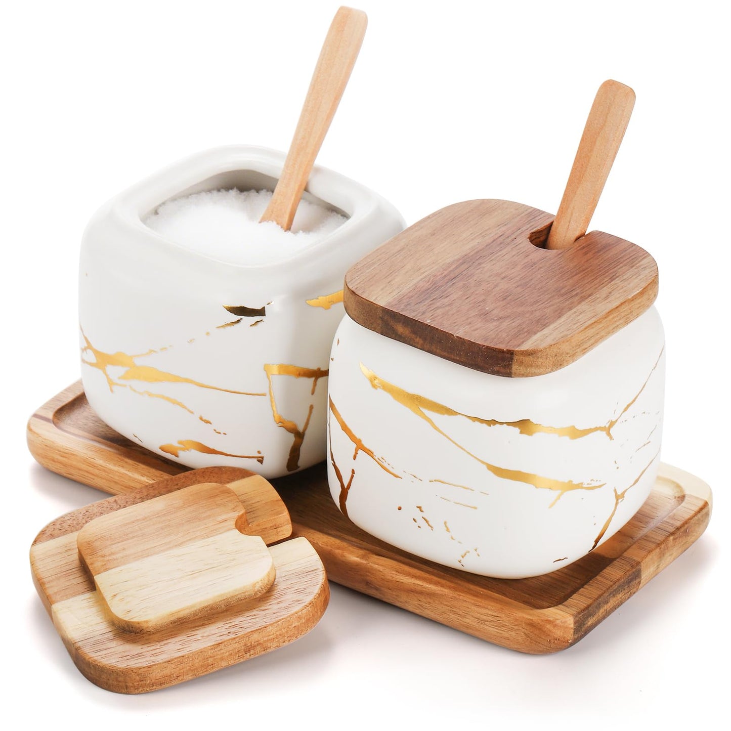 Dicunoy 2 Pack Ceramic Sugar Bowl with Lids and Spoons, Salt and Sugar Container, White Porcelain Sugar Coffee Container, Condiment Spice Pots with Wooden Tray for Bar Table, Kitchen, Countertop