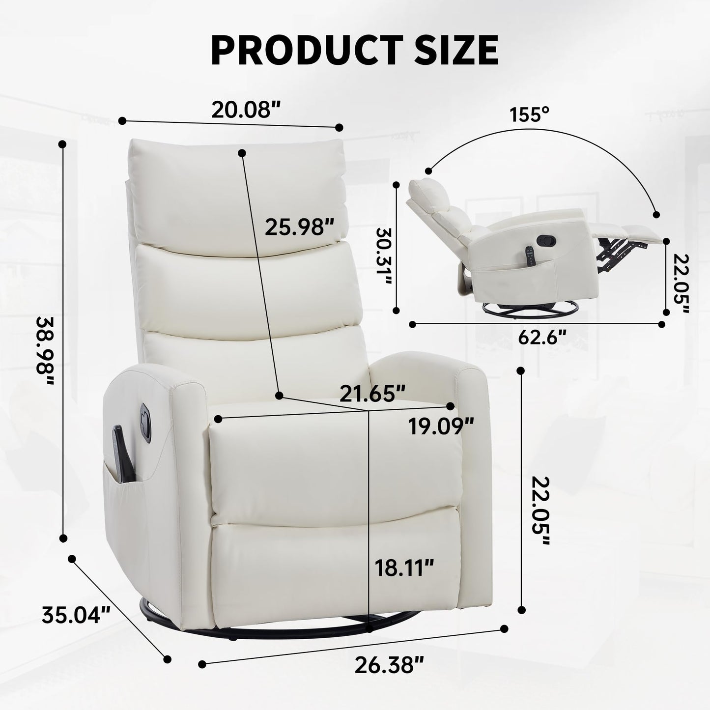 KEIKI Heat Massage Manual Recliner Chair, 360 Swivel Rocker with Lumbar Heat, Upgraded Faux Leather Modern Style Padded Armrests, Home Theater Seating Manual 155 Degree Recline for Bedroom, White