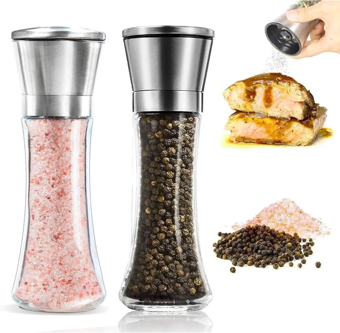 Salt and Pepper Grinder Set of 2 – Refillable Salt Grinder & Pepper Grinder Manual, Adjustable Ceramic Grinder, Glass Pepper Mill Grinder
