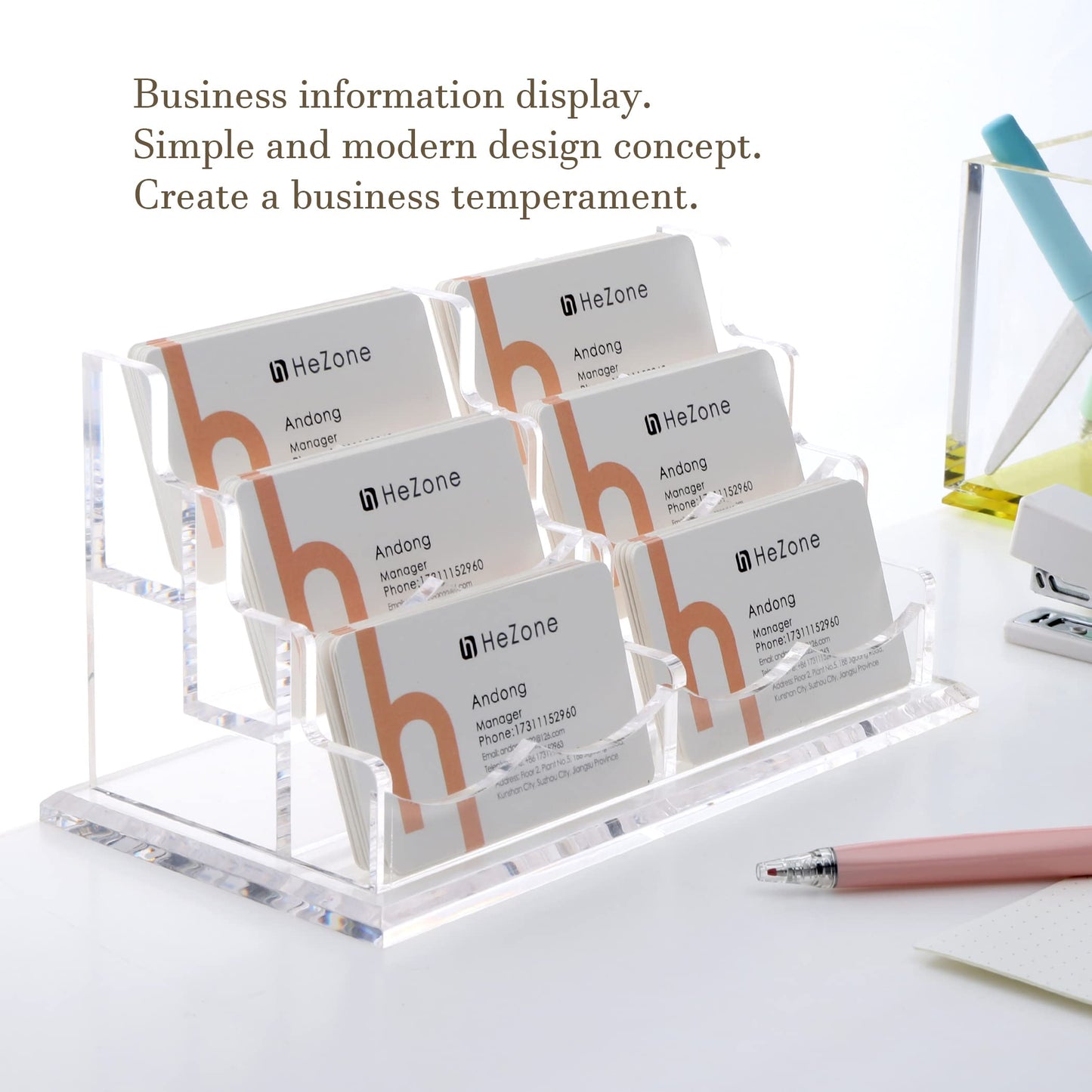 HeZone Business Cards Holder Display for Desk, Clear Acrylic Multiple 3 Tier 6 Slot Business Card Stand, Holds 300 Cards-1 Pack (6 Slots-H)