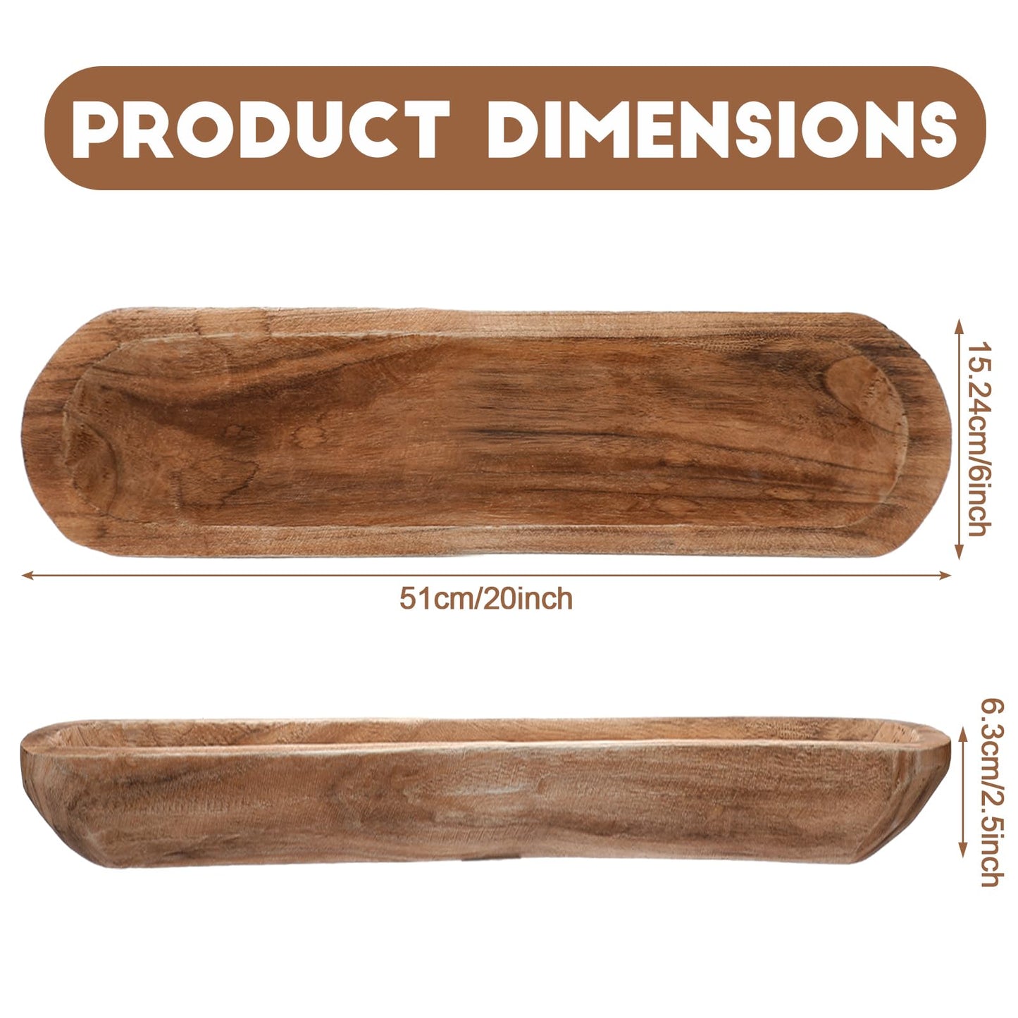 Xaatren Large Wooden Dough Bowl Decorative Wooden Bowl Rustic Long Dough Bowls Decor for Farmhouse Home Dining Table Centerpiece Living Room Kitchen Decorations(20 x 6 Inch,Brown)