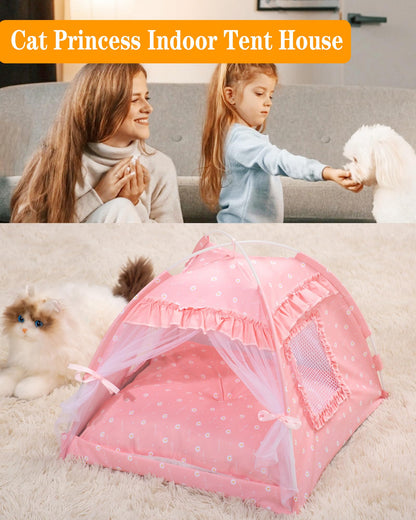 SEIMMIE Cat Princess Bed Tent House - Kitty Cute Tent Indoor,Small Dog House Indoor/Outdoor Cave Nest Bed Small Dog Tent for Cat,Puppy Tent (15.7"x15.7"x14.5"/Pink)
