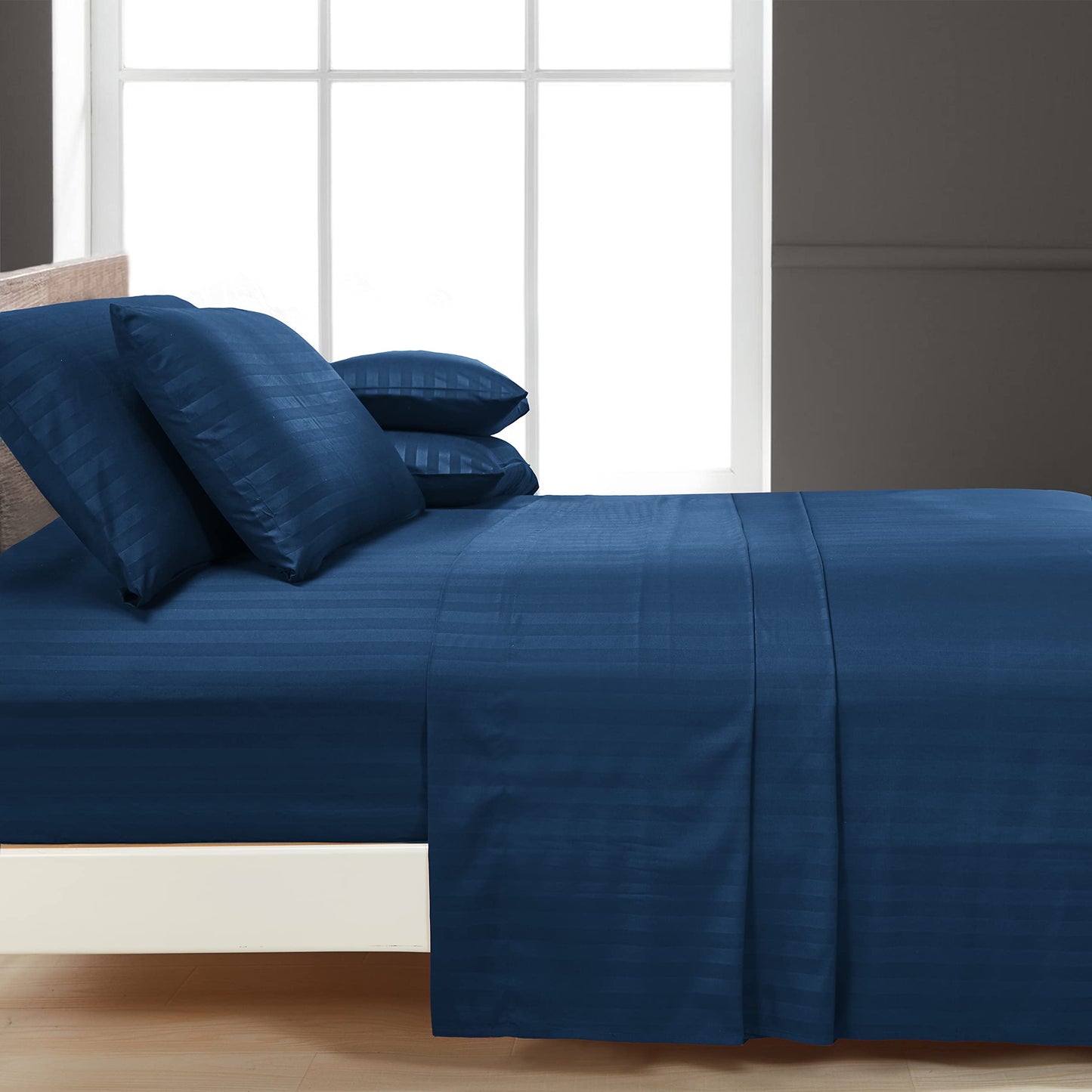 Mocassi Queen Stripe Sheet Set - Luxury Hotel 1800 Premier Bedding Sheets & Pillowcases - Ultra Soft Breathable & Cooling Bed Sheets - Wrinkle Resistant - 6 Piece Set - Queen, Navy Blue