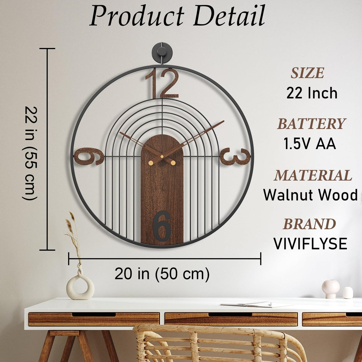 VIVIFLYSE Modern Large Walnut Dial Wall Clock, Wood Metal Frame Silent Non Ticking Wall Clocks Decoration for Living Room, Bedroom, Kitchen, Study, Handmade Home Decor Present Idea, 22 Inch