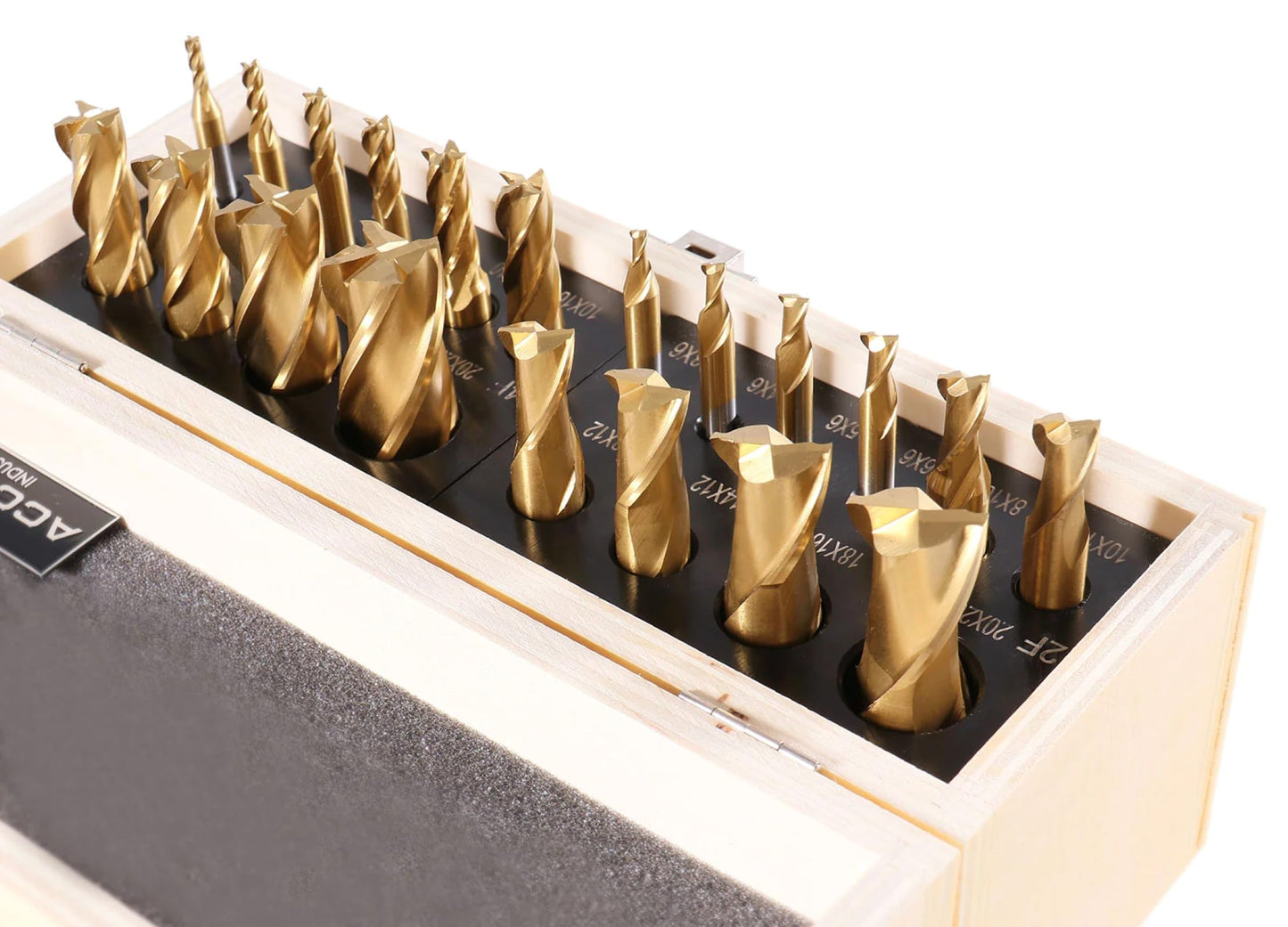 Accusize Industrial Tools 20 Pc H.S.S. Tin Coated End Mill Set, Metric Size, Cutting Diameter from 3 mm up to 20 mm, 2 Flute and 4 Flute, 1810-0104