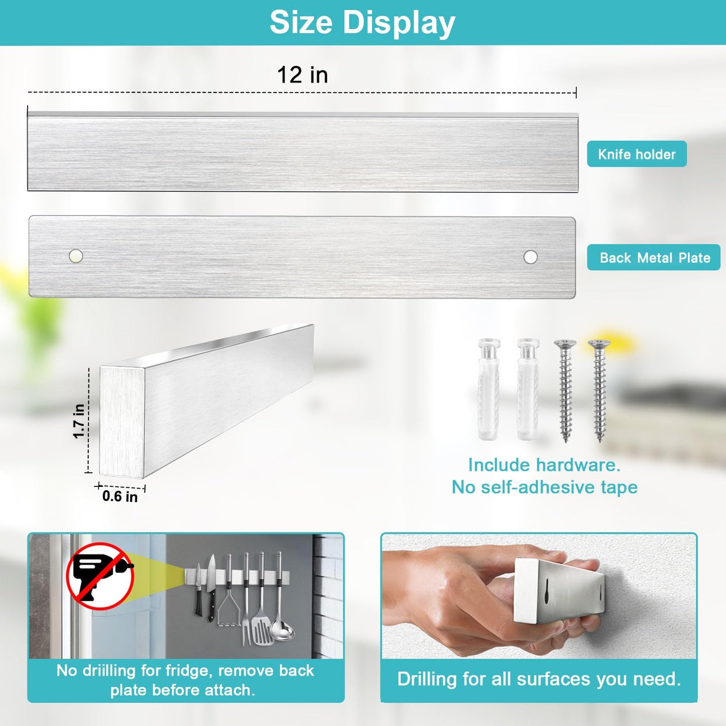 Knife Magnetic Strip, Magnetic Knife Holder for Wall Mount Fridge Refrigerator Knives Magnet Bar Tool Rack RV Kitchen Utensil Holder Metal Kitchen Tool Holder Knives Block RV Accessories 12 Inch