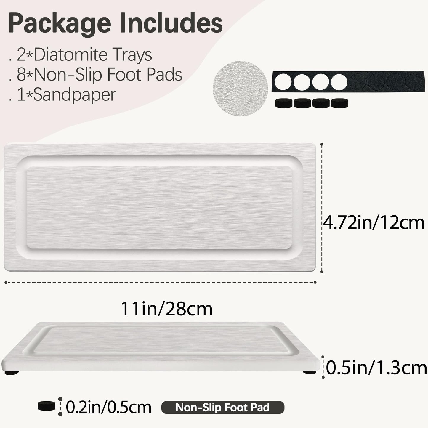 2 PCS Fast-Drying Stone Trays for Bathroom Sink & Kitchen Counter, Water Absorbing Diatomite Sink Coasters, Vanity Tray, Hand Soap Holder with Anti-Skid Pads (11" x 4.7" White)