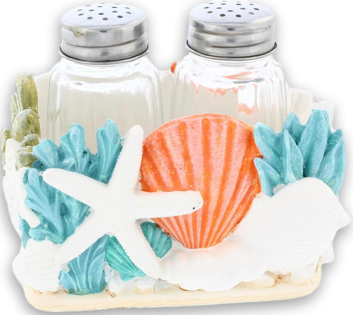 The Bridge Collection Decorative Coral Salt And Pepper Shaker Holder With Shakers Included - Coastal Kitchen Table Accent For Ocean Or Beach Theme - Seaside Kitchen Decor For Beach House