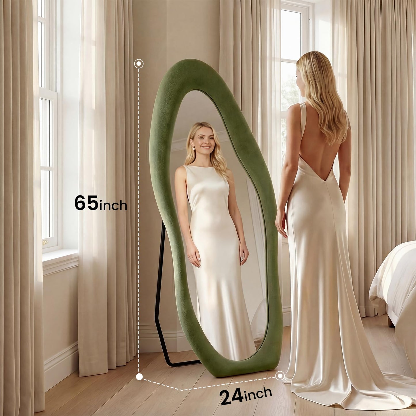 ZHUNFA Full Length Mirror,65×24 Mirror Full Length Wall Mounted Wrapped in Flannel,Featuring an Irregular Cloud Shaped Design,Room,Bedroom,Living Room Home Decor,Green.