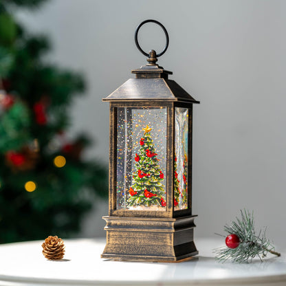 Christmas Snow Globe Lantern Water Glittering Christmas Tree with Music, USB Lined/Battery Operated Lighted Lantern for Christmas Festival Decoration Gifts