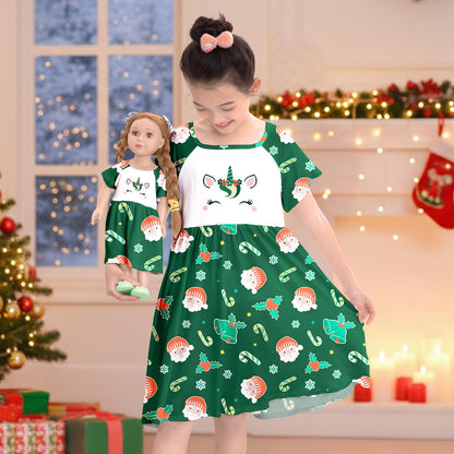 Play Tailor Doll and Girl Matching Nightgown Unicorn Outfit Pajamas Night Dress for Girls and 18" Dolls Clothes, Green, 6-7Y