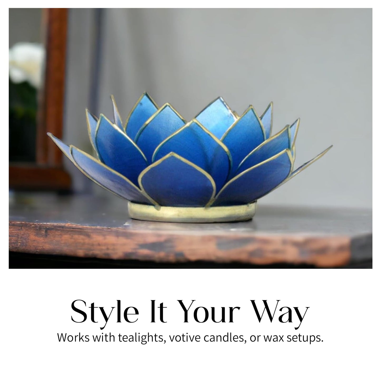 OM Gallery Gemstone Lotus Tealight Holder - Handcrafted Capiz Shell Design for Soft Glow, Elegant Home & Table Decor, Wedding Centerpieces, Votive Candle Styling, and Thoughtful Gifting - Sapphire