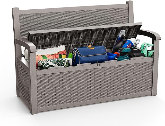 EasyUp 80 Gallon Outdoor Storage Bench Lockable Deck Box Outdoor Storage Box Waterproof for Patio,Garden,and Porch – Perfect for Storing Garden Tools and Cushions(Gray)