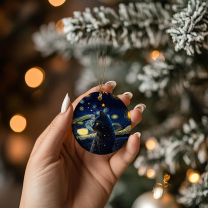 ignytiger Black Cat Christmas Ornaments,Christmas Cat Gifts for Cats Mom Women,Starry Night Ceramic Hanging Ornaments