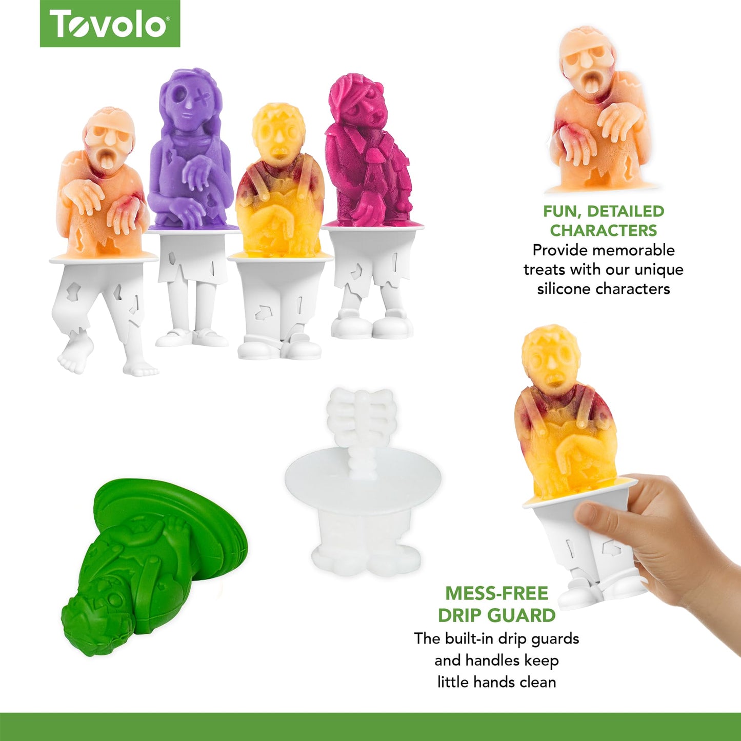Tovolo Zombie Ice Pop Mold Set of 4 Silicone Halloween Popsicle Molds with Skeleton Sticks, Dishwasher Safe Spooky Zombie Popsicle Molds for Halloween Treats, BPA Free Food Safe Reusable Silicone Mold