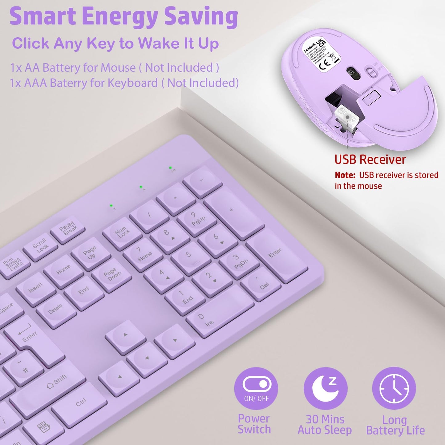 LeadsaiL Wireless Keyboard and Mouse Set, 2.4GHz USB Computer Keyboards and Mouse Combo, Full Size UK QWERTY Layout, Ergonomic Design with 12 Multimedia Shortcuts for HP/Lenovo Laptop and Mac-Purple
