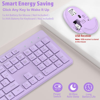 LeadsaiL Wireless Keyboard and Mouse Set, 2.4GHz USB Computer Keyboards and Mouse Combo, Full Size UK QWERTY Layout, Ergonomic Design with 12 Multimedia Shortcuts for HP/Lenovo Laptop and Mac-Purple