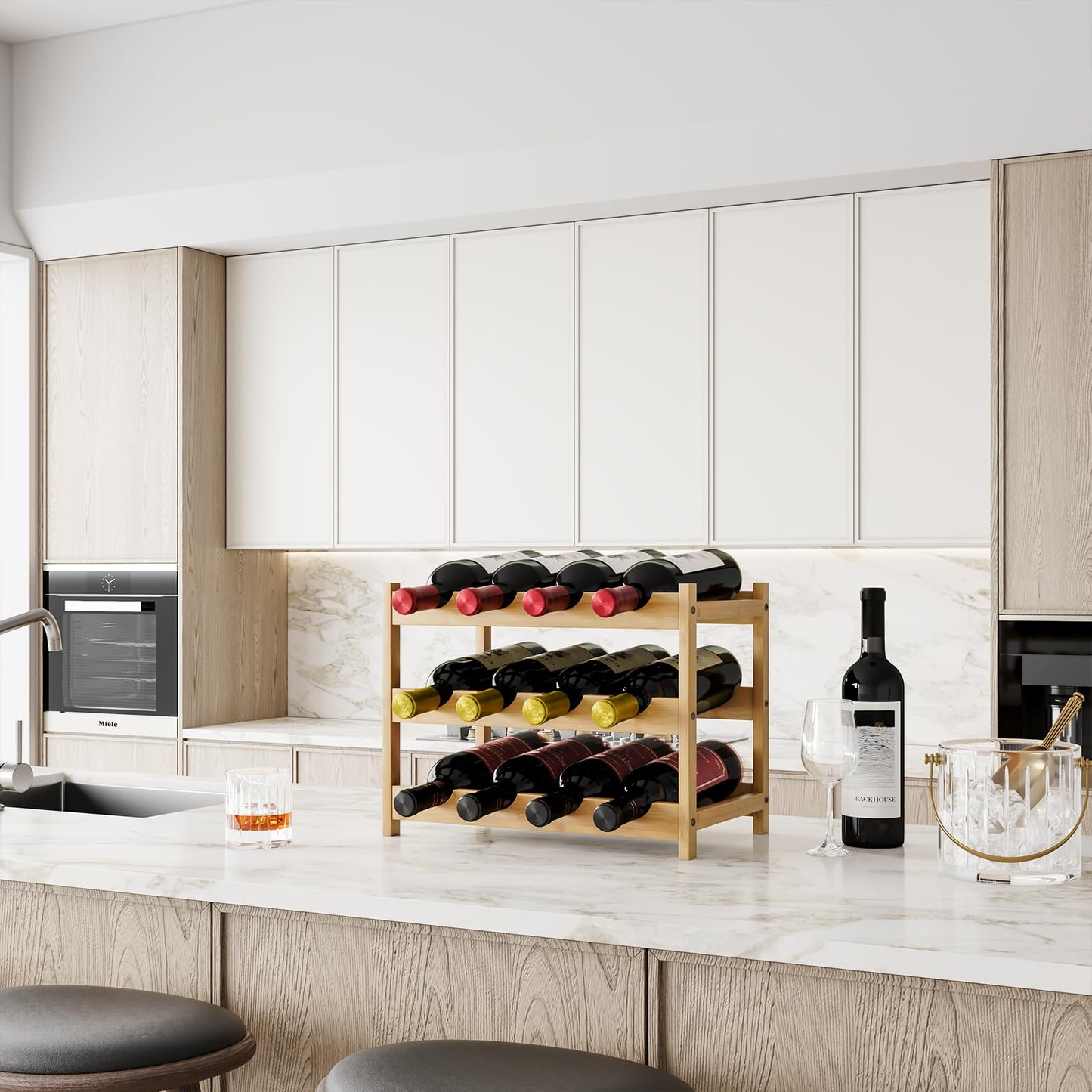 Dripex Bamboo Wine Rack, 12 Bottles Wine Holder Storage Shelf, 3-tire Small Freestanding Bottle Wine Rack for Countertop, Kitchen, Bar, Cellar (40 x 22 x 32 cm)