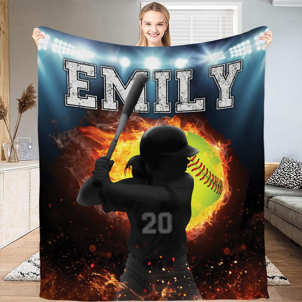 Custom Softball Player Blanket, Softball Blankets for Adults, Sport Girls Gifts Super Soft Warm and Comfortable Throw Blanket for Fall Winter Spring All Season