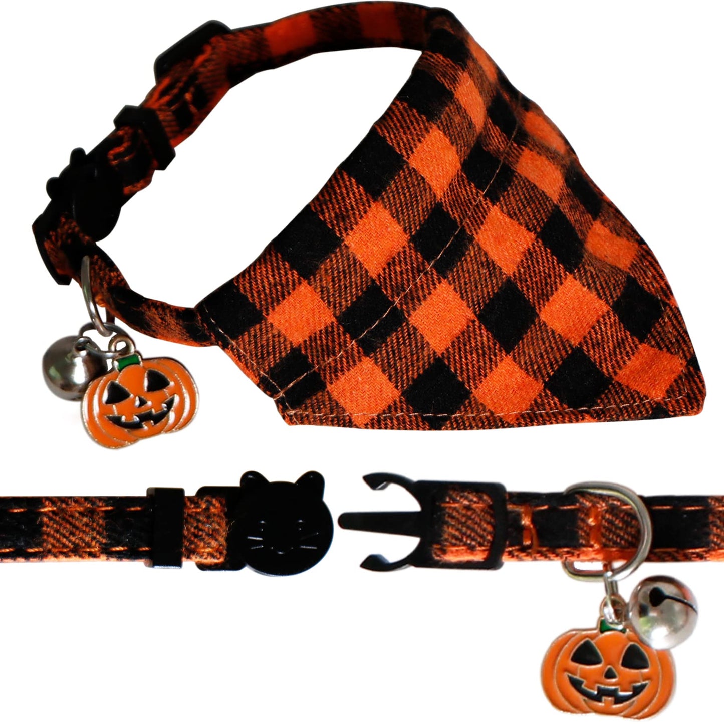 STMK 2 Pack Halloween Cat Bandana Collar with Bell, Breakaway Halloween Cat Kitten Bandana Collar with Bell Pumpkin for Halloween Cats Kittens Costume Decorations, Orange and Purple