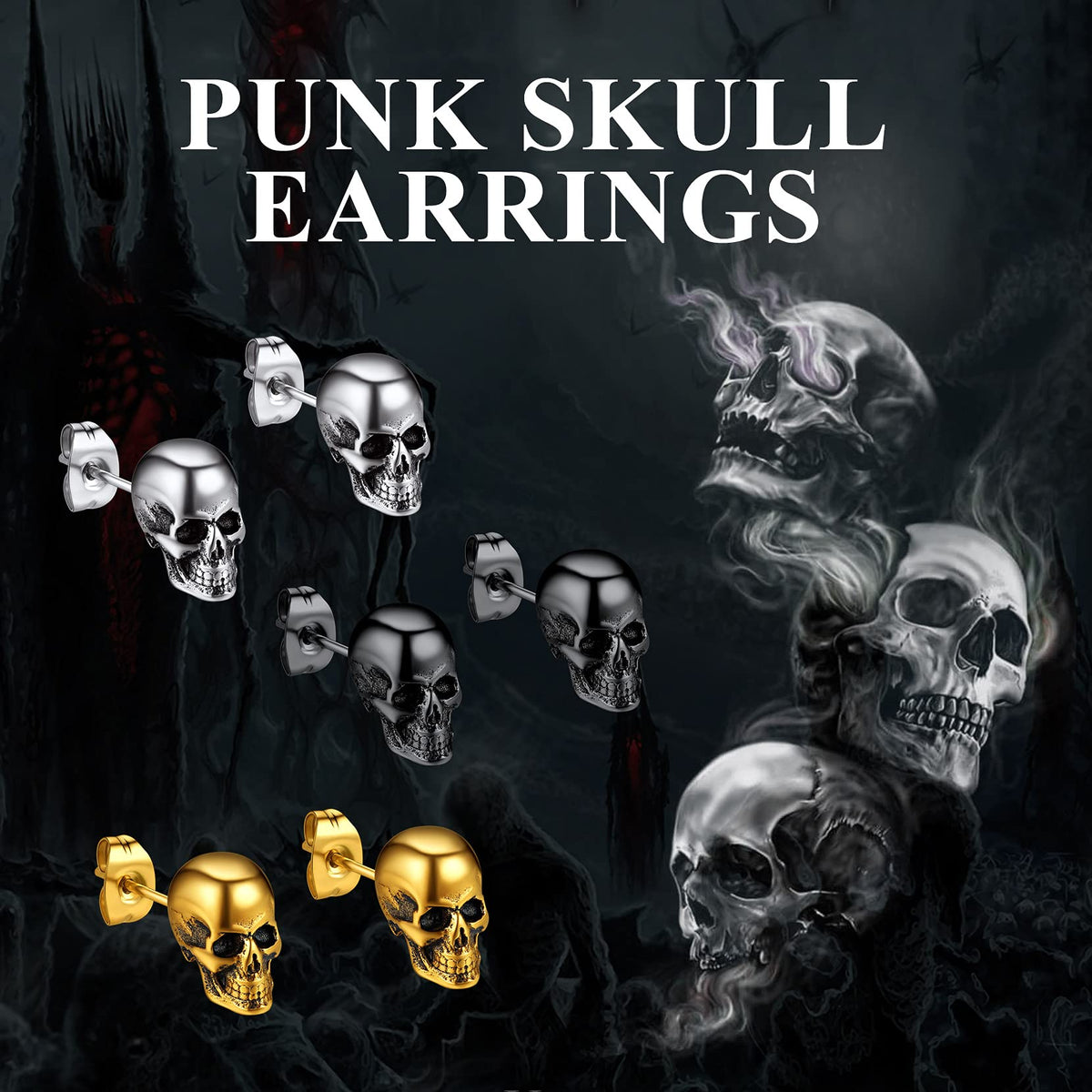 Piercing Skull Earrings for Men Black Stud Earring Punk Gothic Halloween Jewelry