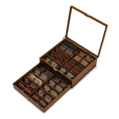 NEWLOOP Sunglasses Case Storage Organizer - Sunglass Organizer See-through Display Case Multiple Pairs Glasses Holder Stand 2-layer Eyeglass Jewelry Watch Collection Box for Men Wooden
