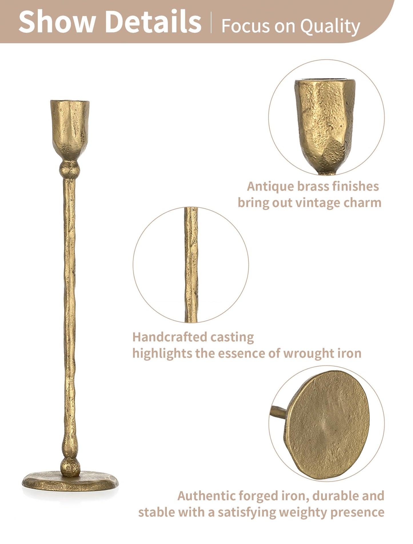 NUPTIO Iron Taper Candle Holders: Antique Brass Candlestick Holder for Thanksgiving Christmas Party - Set of 3 Tall Gold Candles Stick Decor for Fireplace Table Centerpiece