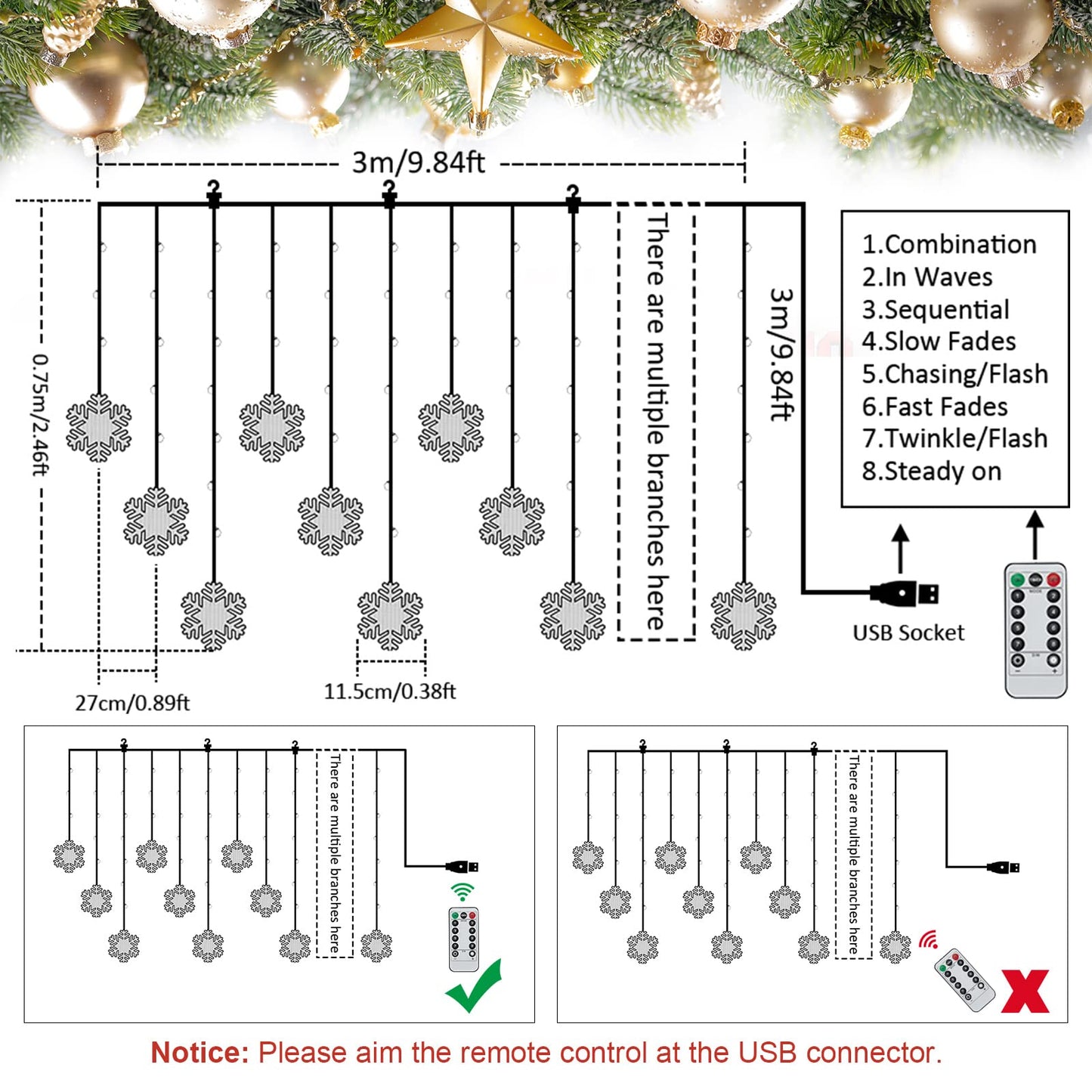 BLOOMWIN Window Lights Christmas Decor 10ft 12 Snowflakes Icicle Lights USB Christmas Curtain Lights for Bedroom Indoor Wall Winter Decorations for Home Church Wedding Birthday, 8 Modes, Warm White