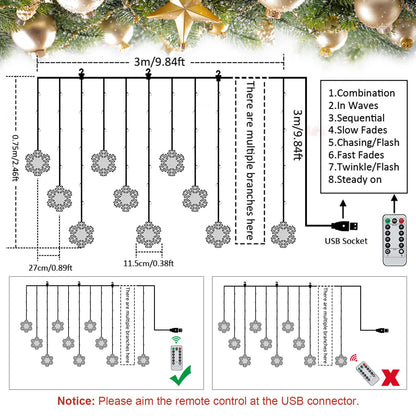 BLOOMWIN Window Lights Christmas Decor 10ft 12 Snowflakes Icicle Lights USB Christmas Curtain Lights for Bedroom Indoor Wall Winter Decorations for Home Church Wedding Birthday, 8 Modes, Warm White