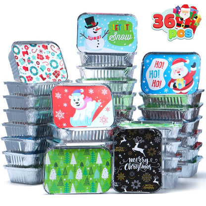 JOYIN 36 Pcs Christmas Cookie Tins with Lids for Gift Giving, Rectangle Treat Foil Exchange Containers, 7"x5"x2" Disposable Food Storage Pan for Holiday Leftovers Goodie Container