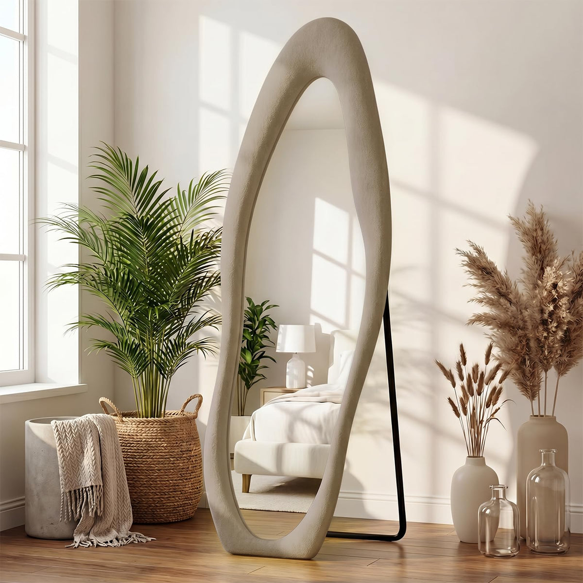 ZHUNFA Full Length Mirror,65×24 Mirror Full Length Wall Mounted Wrapped in Flannel,Featuring an Irregular Cloud Shaped Design,Room,Bedroom,Living Room Home Decor,Light Coffee.