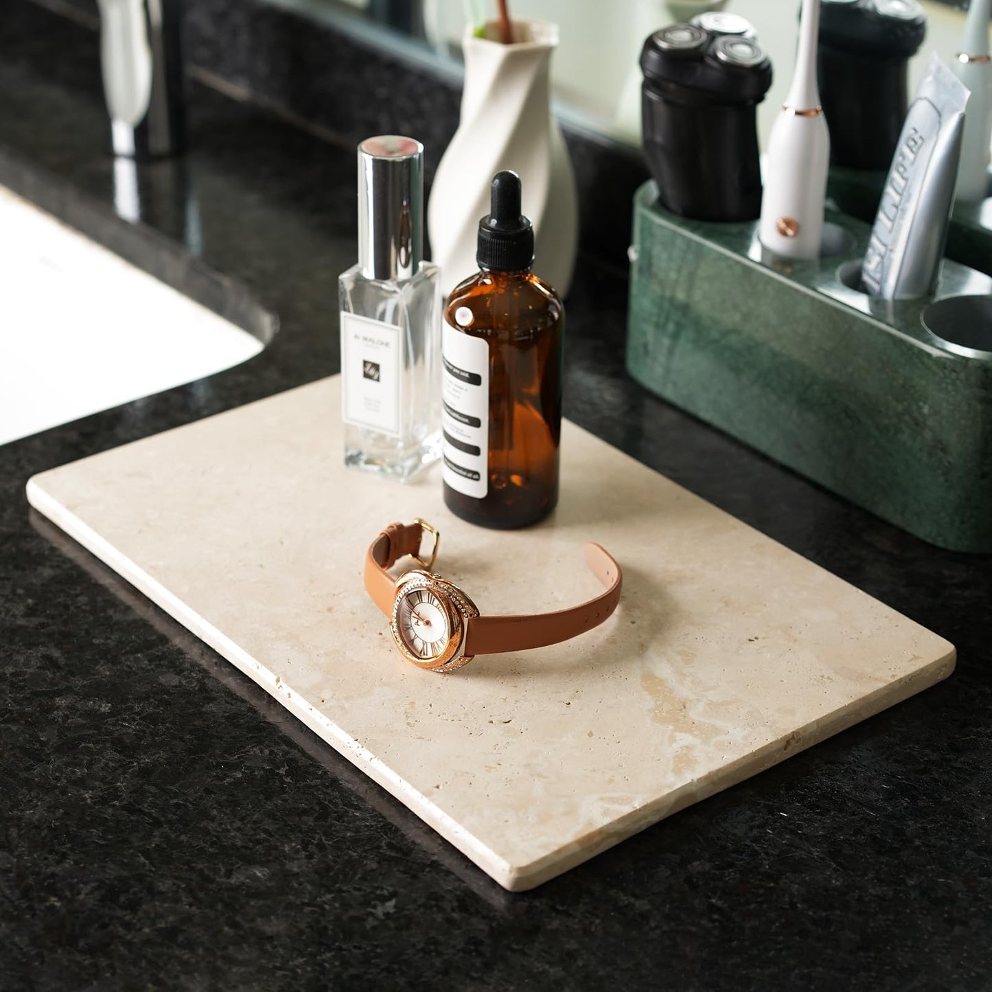 Koville Natural Travertine Marble Cutting Board for Kitchen Counter, 12" x 8" Real Stone Slab Marble Cheese Board for Home Decor, Stone Pastry Boards Bathroom Perfume Tray Candle Plate