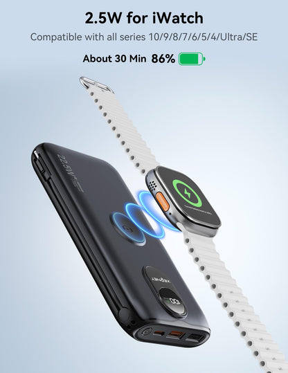 Portable Charger, 10000mAh 22.5W Power Bank Fast Charging with Built in Cable & Wall Plug, Portable Phone Charger with Led Display, Travel Essentials Battery Pack for iPhone 17/16, iWatch 11/Ultra/SE