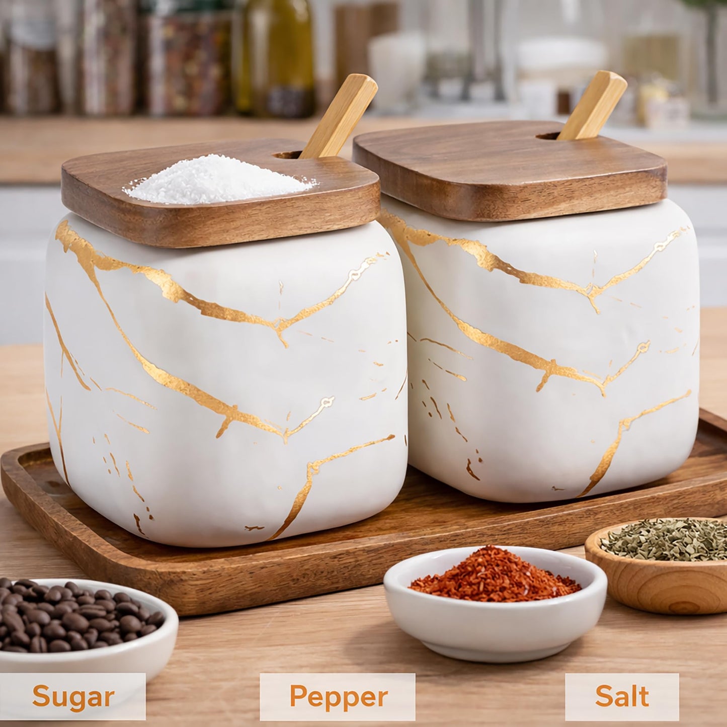 JFFLYIT 2 Sets of Marble Ceramic Sugar Bowl Ceramic Seasoning Jars with Wooden Lid and Wooden Spoon(White)