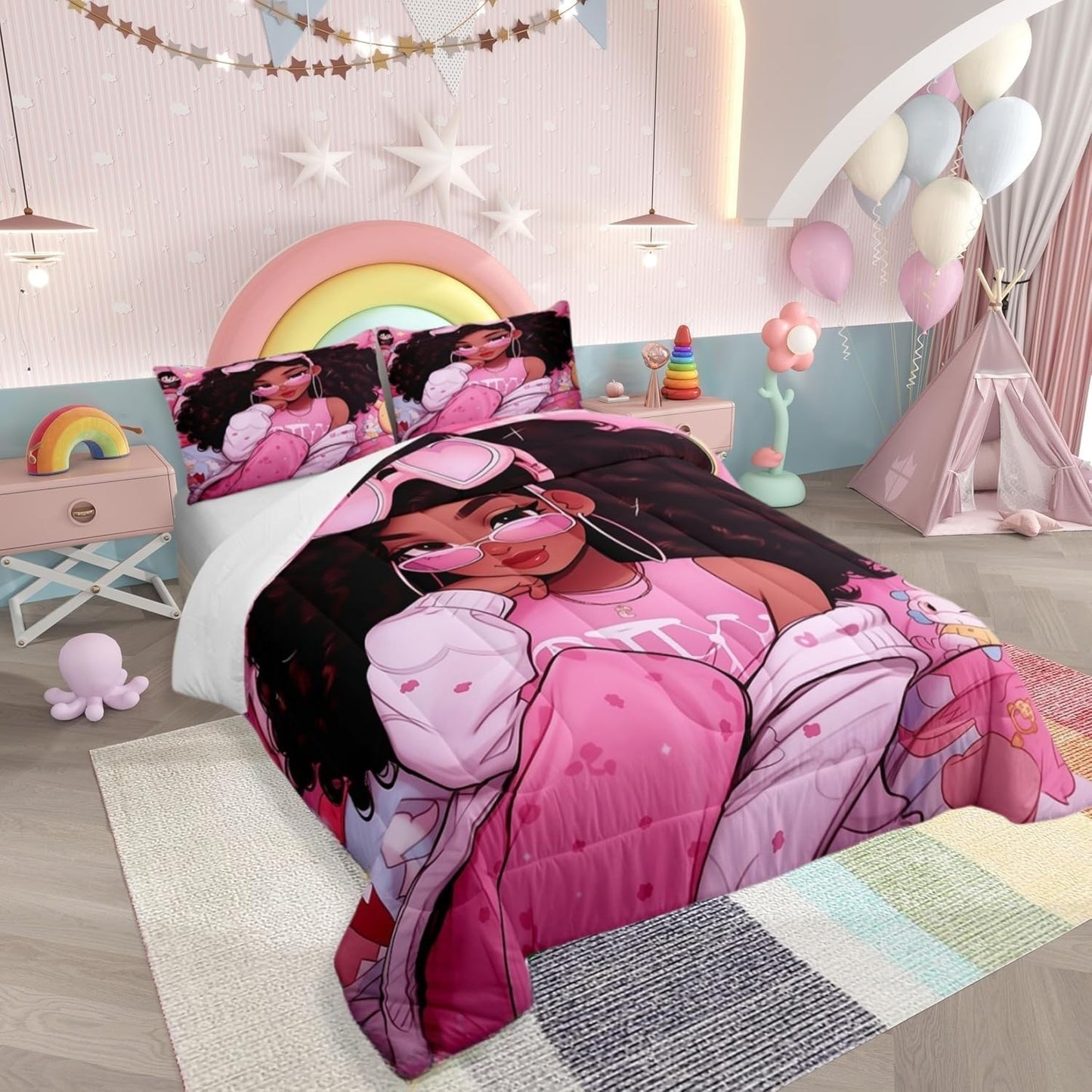Manfei Amercian Little Girl Kids Comforter Set Full Size,Stars Love Heart Romantic Bedding Set,Girls Women Room Decor,African Theme Girls Down Comforter,Pink Princess Duvet Insert,2 Pillowcases