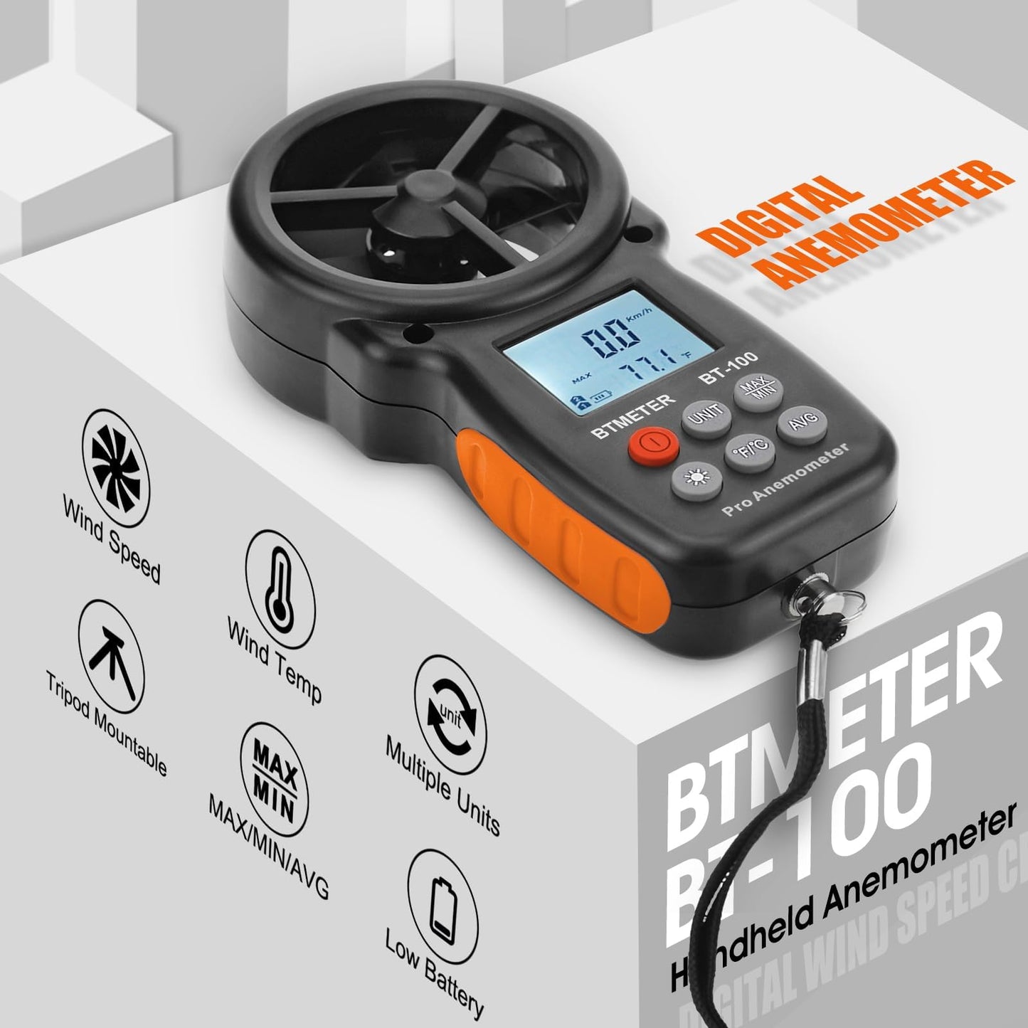 BTMETER BT-100 Digital Anemometer Handheld, Anemomters Wind Speed Meter for Measuring Wind Speed, Temperature and Wind Chill with Backlight and Max/Min/AVG for HVAC Shooting Drone