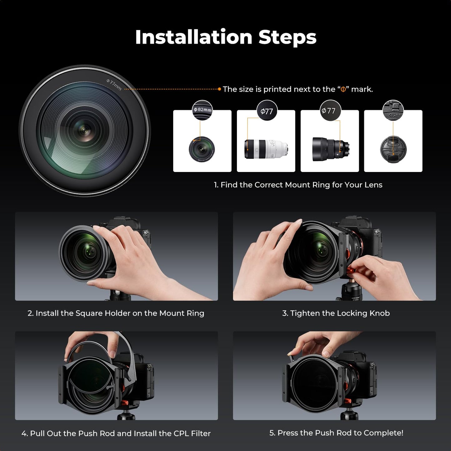 K&F CONCEPT X PRO Square Filters Holder System Kit (Filter Holder + 95mm Circular Polarizer + Square GND8 Filter + ND1000 + 4 Filter Adapter Rings) for Camera Lens