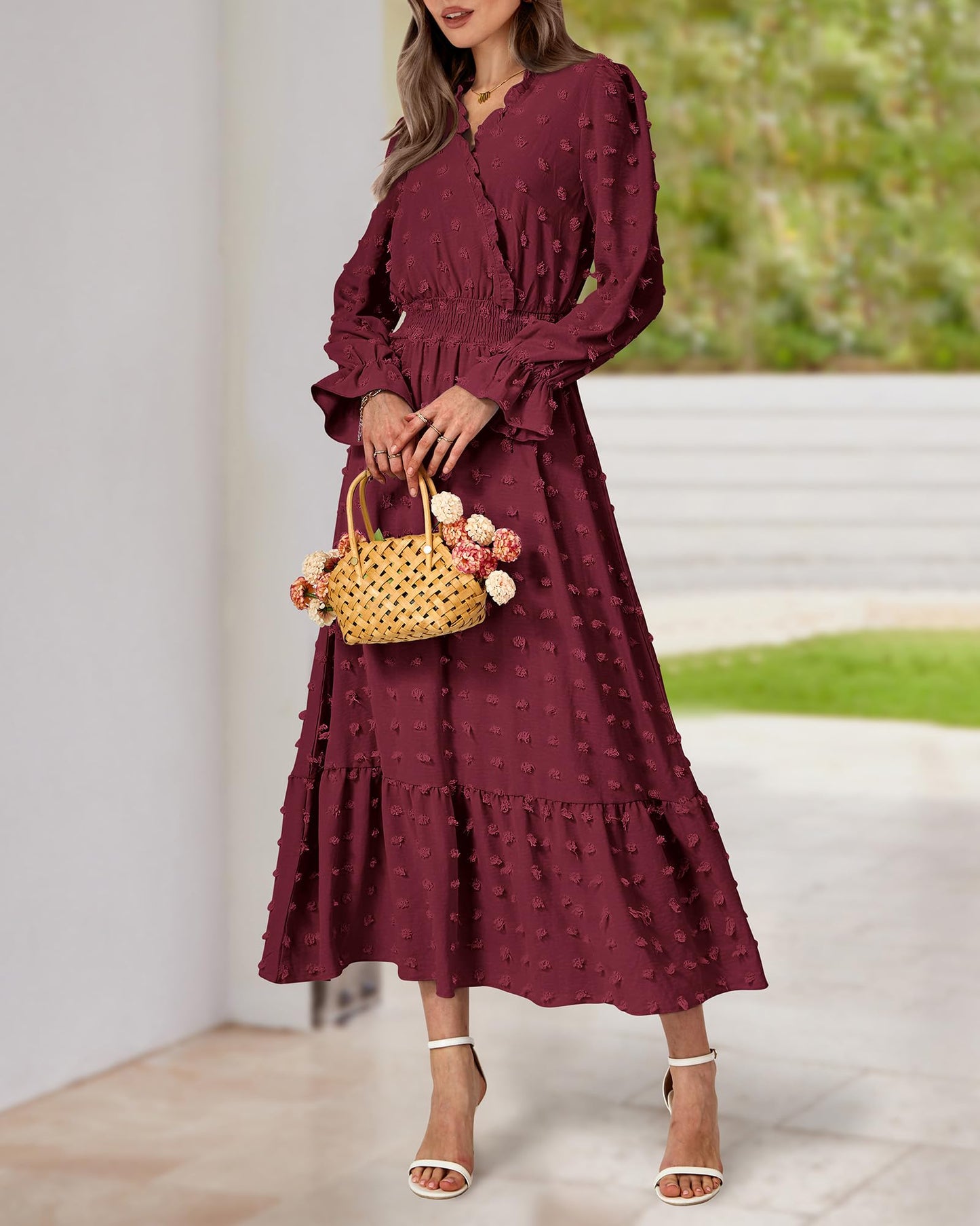 BTFBM Women Fall Maxi Dresses 2025 Long Sleeve V Neck Swiss Dots High Waisted A-Line Ruffle Boho Long Dress Vacation(Wine Red,Small)