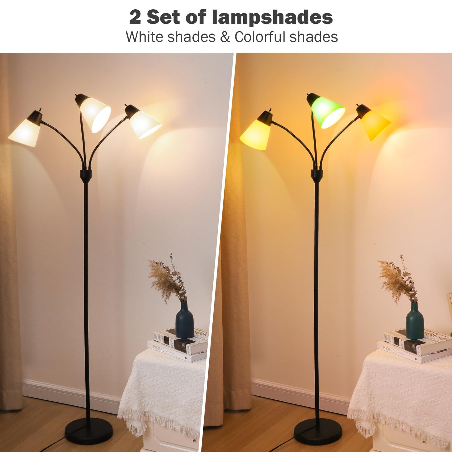 FOLKSMATE 3-Light Floor Lamp, LED Medusa Muiti-Head Adjustable Arc Standing Lamp, Tree Tall Light for Living Room, Kid Room, Bedroom, Black