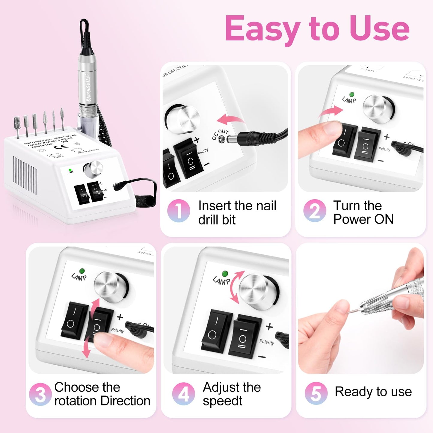 20000RPM Electric Nail Drill Professional Nail File Drill Acrylic Nails Kit for Manicure Gel Nail Polish Remover with 1 Pack of Sanding Bands(Pink)