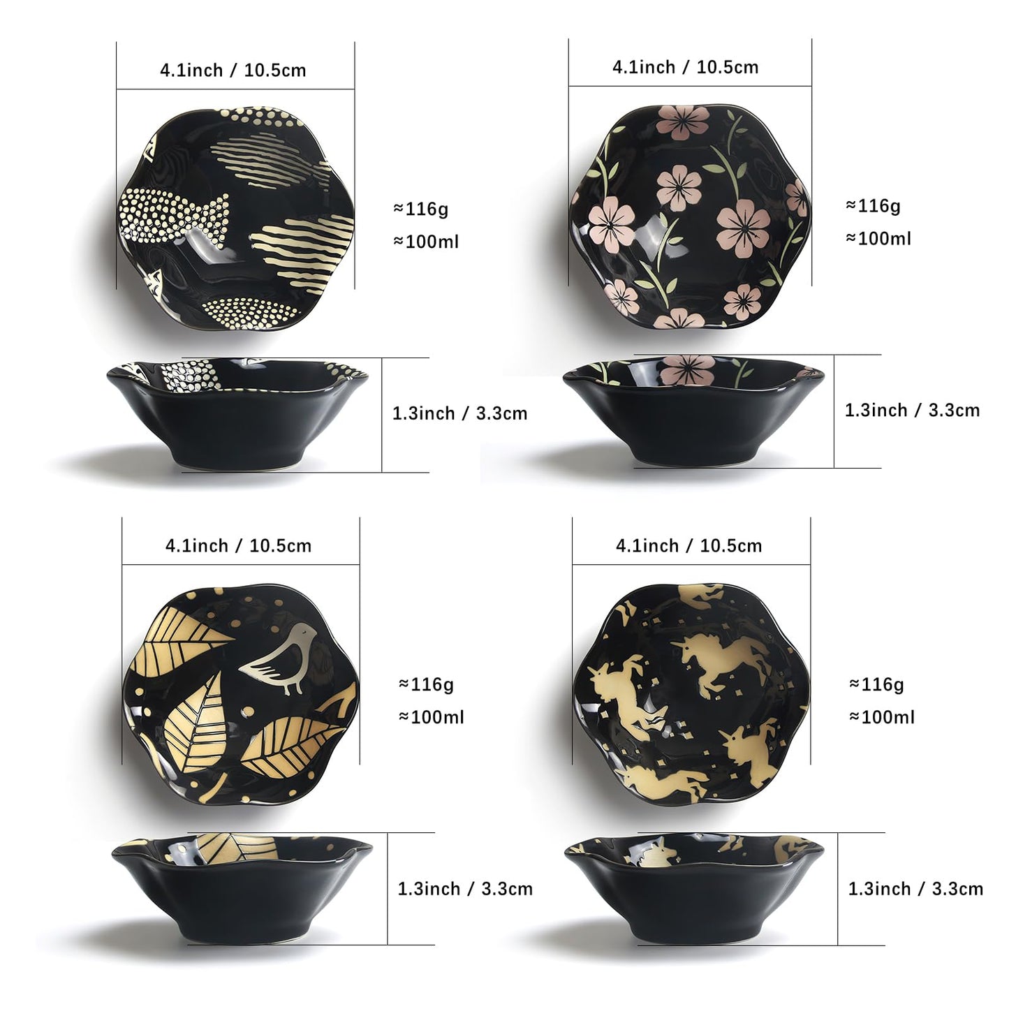 AYFDISHS 4 Inch Ceramic Dipping Bowls, Side Dishes Soy Sauce Dishes Chinese/Japanese Serving Dishes for Sushi Appetizer Plates for Kitchen Home, Set of 4