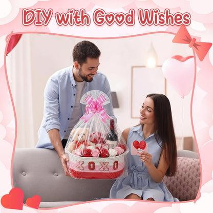 8 Set Valentines Day Gift Basket Woven Empty Basket with Cellophane Bags Pull Bow Greeting Card & Letter Stickers Empty Decorative Gifts Chest Box with Handles for Party Favors Baby Shower (Small)
