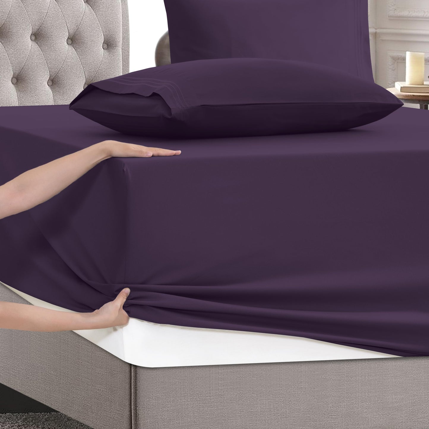 Mocassi Full Size 4-Piece Bed Sheet Set - 1800 Premium Hotel Quality Microfiber 18-24 Inches Extra Deep Pocket Fitted Sheet- Luxury Soft, Breathable, Wrinkle, and Fade Resistant, Purple