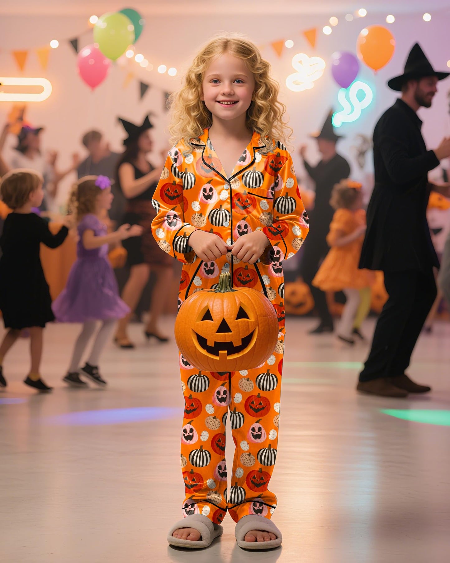 Sylfairy Girls Halloween Pajamas Silk PJS Set Pumpkin Satin Sleepwear Short Sleeve Jammies for Kids Button-Down Nightwear Scary Halloween Pumpkin Costume Size 7 Size 8 Size 7-8