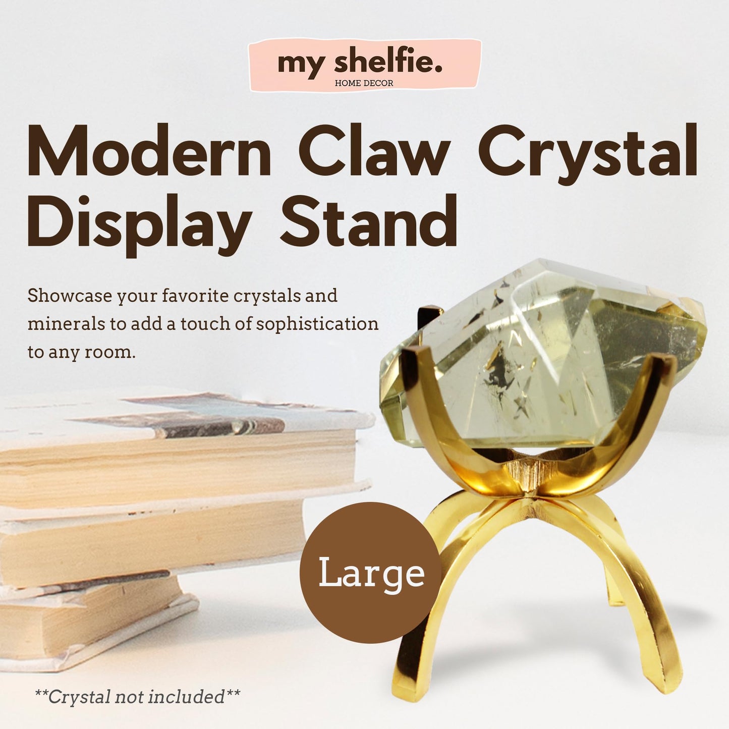 My Shelfie - Modern Brass-Coated Claw Rock Display Stand, Crystal Holder with Invertible Design, Crystal Display Holds Crystals From 2-3 Inches, Handmade Aluminum Rock Stands for Display, Large