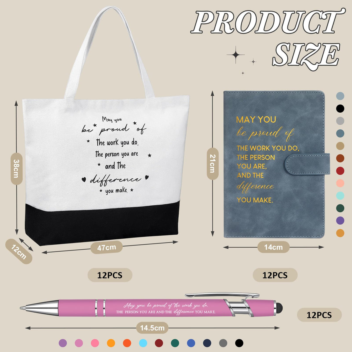 Paterr 12 Sets Employee Appreciation Gifts Bulk, Thank You Team Gifts, Inspirational Leather Notebooks Canvas Tote Bags Ballpoint Pens for Teachers Coworkers Colleagues (Elegant Colors)