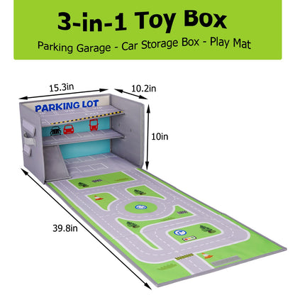 Livememory Toy Car Storage Box - Toy Garage Box for Boys with Car Rug Play Mat (Not Included Cars)